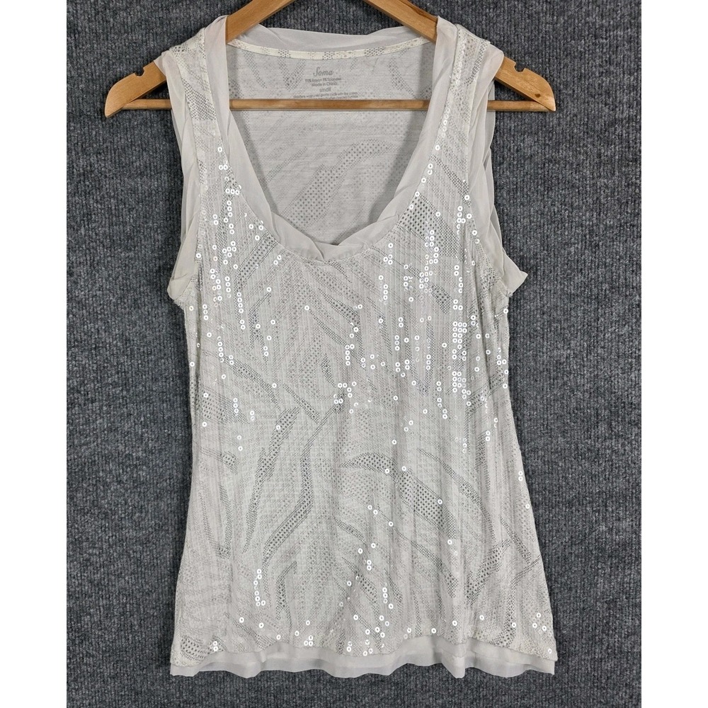 Soma By Chicos Small White Gray Zebra Print Sequin Tank Top Blouse